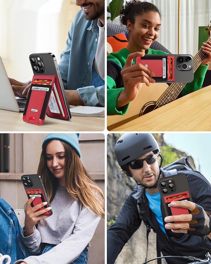 For Magsafe Wallet Stand Strongest Magnetic Wallet for iPhone 17/16/15/14/13/12 Series Magnetic Card Holder with Adjustable Stand ID Window 10 Cards Holder Vegan Leather RFID Blocking Red