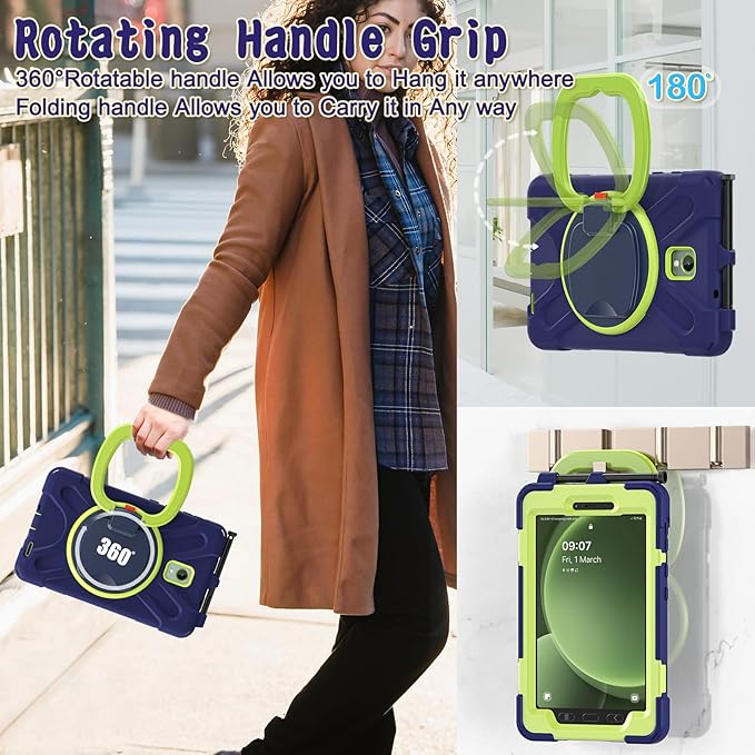 Rugged Case for Samsung Galaxy Tab Active5 5G (SM-X306B/X300) w/ 360° Rotating Hanging Ring Handle Grip Kickstand Heavy Duty Shock-Proof Armor Cover w/Shoulder Strap Stylus Holder(Navy+Lime)