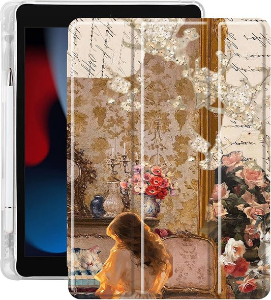 Idocolors Case for iPad 11 inch (A16 Chip) 2025 Generation 11th / iPad 10.9 inch 2022 10th Gen Built-in Pencil Holder with Soft TPU Shockproof Back Shell Auto Wake/Sleep Vintage Lady