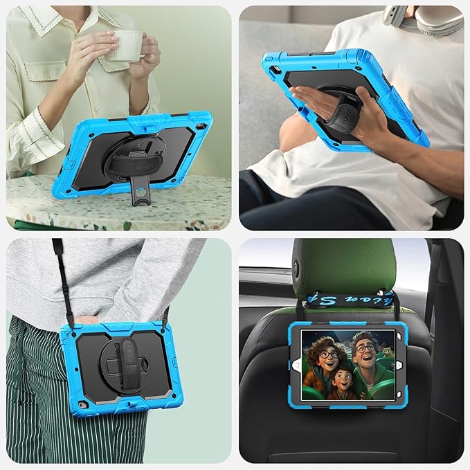 SEYMAC Kids Case for iPad 9th/ 8th/ 7th Generation 10.2 2021-2019 Heavy Duty Protective Shockproof Case with Screen Protector Rotating Stand/Handle/Shoulder Strap for iPad 10.2 Light Blue