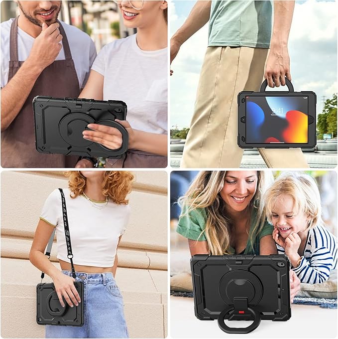 SEYMAC stock Shockproof Tablet Case for iPad 9th/8th/7th Generation 10.2 inch Full-Body Drop Protection Case with Pencil Holder &amp [360 Ring Handle Stand] Screen Protector (Black)