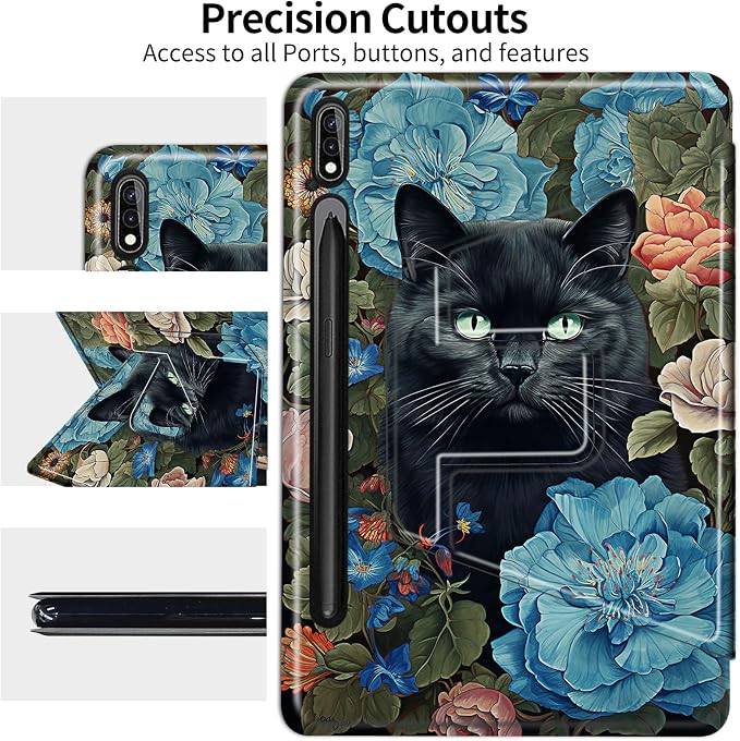 Blue Flowers Black Cat