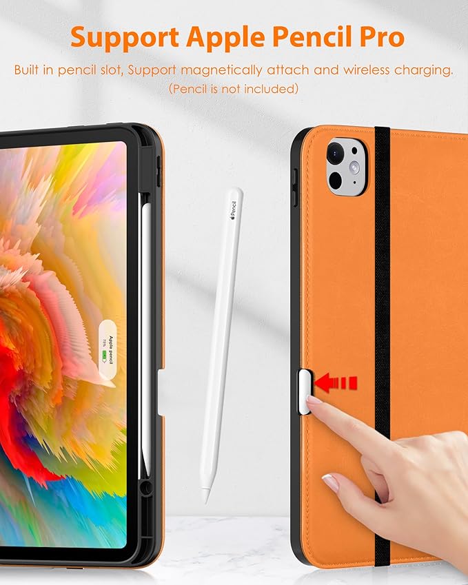 DTTO for iPad Pro 13 inch Case (M5/M4) 2025/2024 Premium Leather Business Folio Stand Cover with Pencil Holder - Auto Wake/Sleep &amp Multiple Viewing Angles Built in Hand Strap &amp Pocket Orang