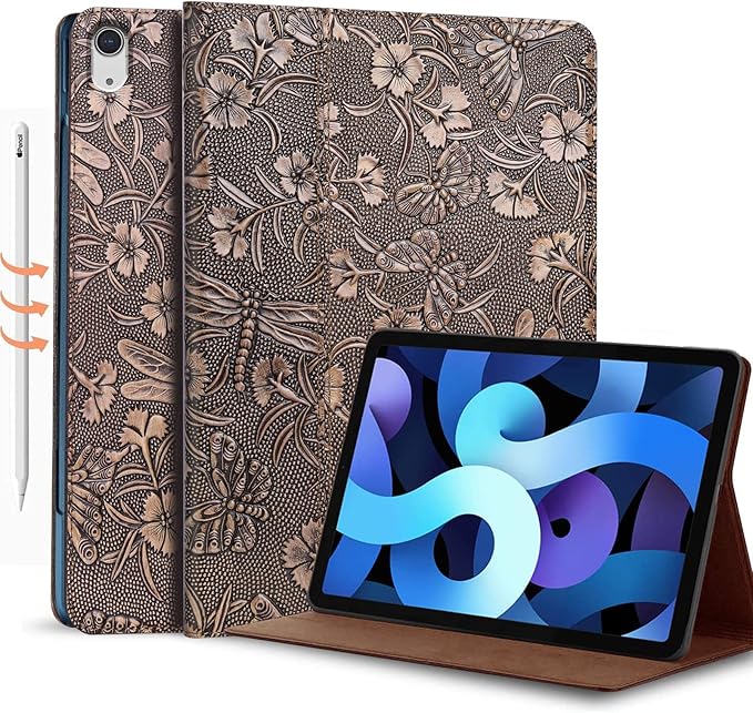 Gexmil Leather Case for iPad Air 11 Inch M4/M3/M2 (2026/2025/2024)iPad Air 10.9 Inch 5th/4th Generation 2022/2020 Top Grain Leather Cover Auto Sleep/Wake Adjustable StandButterfly Pattern