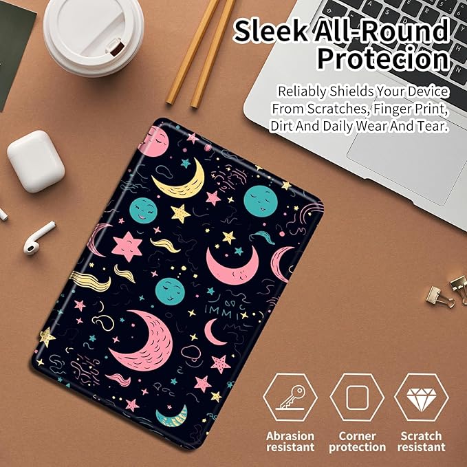 Case for Samsung Galaxy Tab S8 Plus 2022/S7 FE 2021/S7 Plus 2020 12.4 Inch Stars and Moons Theme 360 Degree Rotating Stand Smart Protective Cover for Samsung S7 FE Tablet