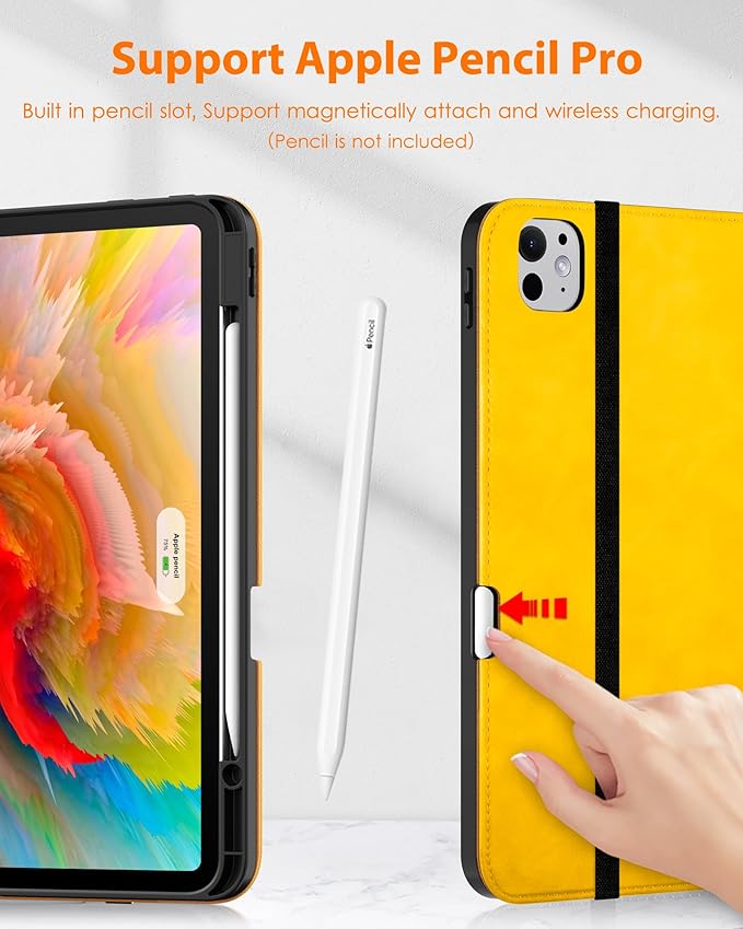 DTTO for iPad Pro 13 inch Case (M5/M4) 2025/2024 Premium Leather Business Folio Stand Cover with Pencil Holder - Auto Wake/Sleep &amp Multiple Viewing Angles Built in Hand Strap &amp Pocket Yello