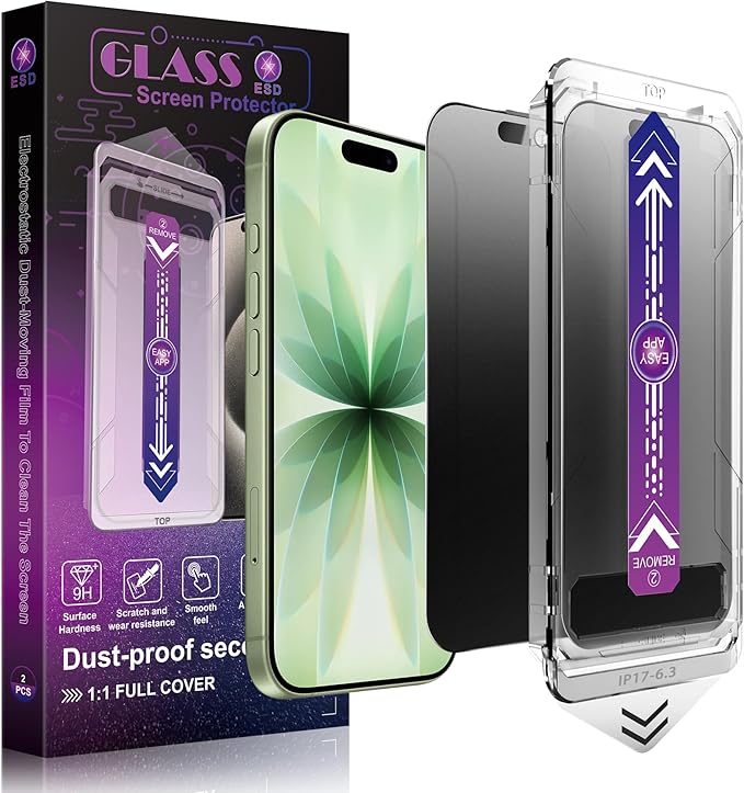 Matte Privacy Screen Protector for iPhone 17 iPhone 16 Pro 6.3-Inch Auto Dust Removal 9H Anti-Spy Tempered Glass Film Full Cover Anti-Fingerprint Easy Installation 2 Pack
