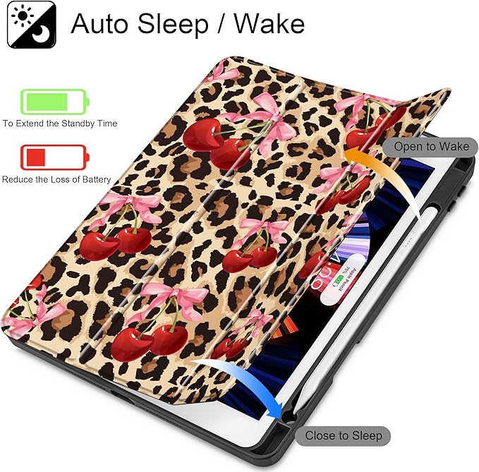 May Chen for iPad 9th Generation with Pencil Holder iPad 8th/7th Gen Case 10.2-inch [Penceil Holder] Trifold Stand Auto Wake/Sleep Clear TPU Protection Back Cover Cherry &amp Cheetah