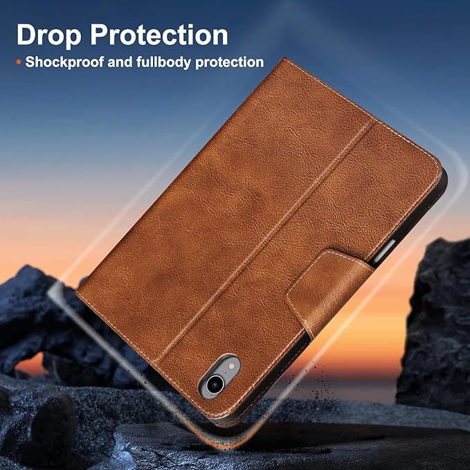 Gexmil Premium Leather Case for iPad mini 7 (A17 Pro) 2024 / iPad mini 6 Generation 2021 8.3 InchPencil Holder Magnetic ClosureShockproof Cowhide CoverAdjustable StandVegetable Tanned Brown