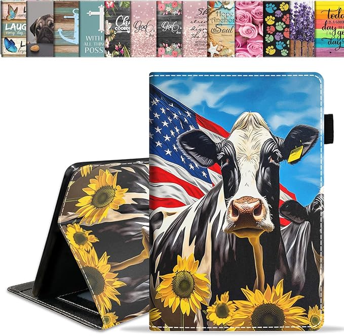 Case for All-New Amazon Fire HD 10 &amp 10 Plus Tablet 10.1 (13th/11th Generation 2023/2021 Release) Slim PU Leather Stand Cover with Card Slot &amp Auto Wake/Sleep American Flag Cow and Sunflow