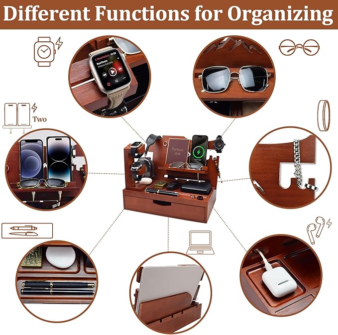 Nightstand Organizer for Men with Large Drawer Wood Phone Docking Station for Phone Apple Watch Wallet &amp Keys Ideal Birthday Gift for Father Husband Bedside Desk Organizer (Walnut)