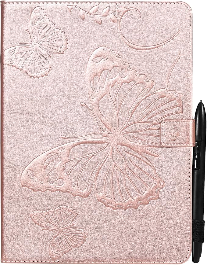 for Kindle Fire HD 10 &amp HD 10 Plus Case 13th/11th Generation 10.1 (2023/2021) Stand Embossed PU Leather Magnetic Wallet Cover with Pencil Holder/Pockets [Auto Wake/Sleep] Rosegold Butterfly