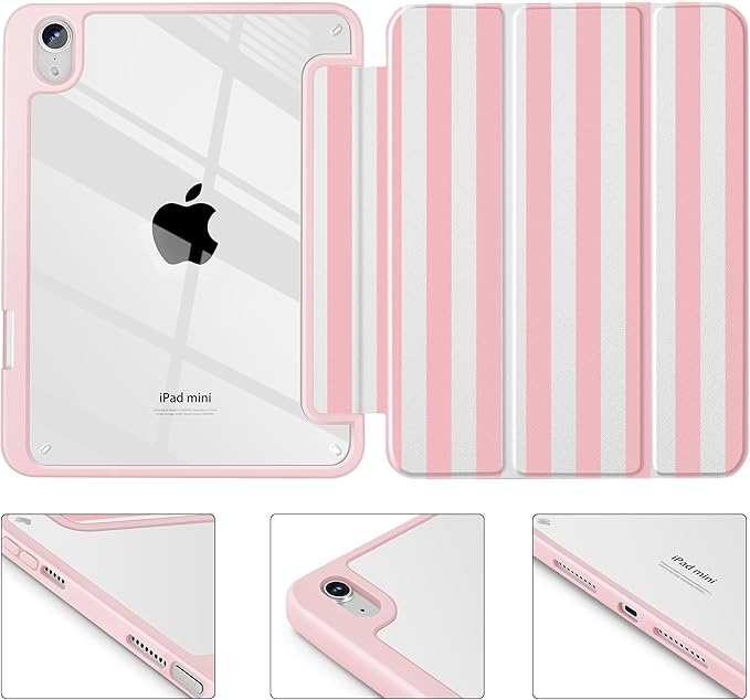 May Chen Slim Case for iPad mini 7 (A17 Pro 7th Generation) 2024 / iPad mini 6 (6th Gen) 8.3 Inch [Built-in Pencil Holder] Shockproof Cover Clear Clear Back Shell Auto Wake/Sleep Pink Stripes