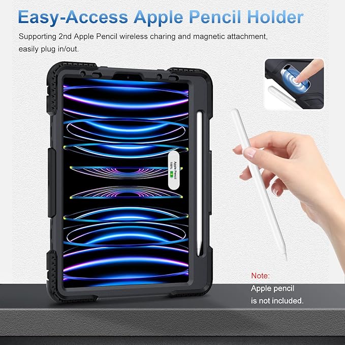 SUPFIVES 2022 iPad Pro 11 inch Case (4th Generation)Upgraded Military Grade Shockproof Silicone iPad Pro 11 4th/3rd/2nd Gen Cover Pencil Holder+ Handle+ Shoulder Strap+ Rotating Kickstand Black