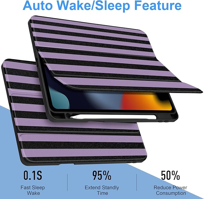 DONGKE for iPad 9th/8th/7th Generation Case 10.2 Inch (2021/2020/2019) [Auto Sleep/Wake &amp Pencil Holder] Clear Acrylic Back Trifold Stand Cover Purple Stripes