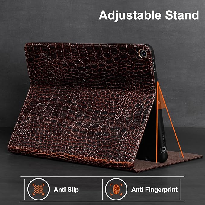 Gexmil Leather Case for iPad 10.2 Inch 9th/8th/7th Gen 2021/2020/2019Premium Cowhide Folio Cover with Pencil Holder Auto Wake/SleepAdjustable Stand Anti FingerprintBrown Crocodile