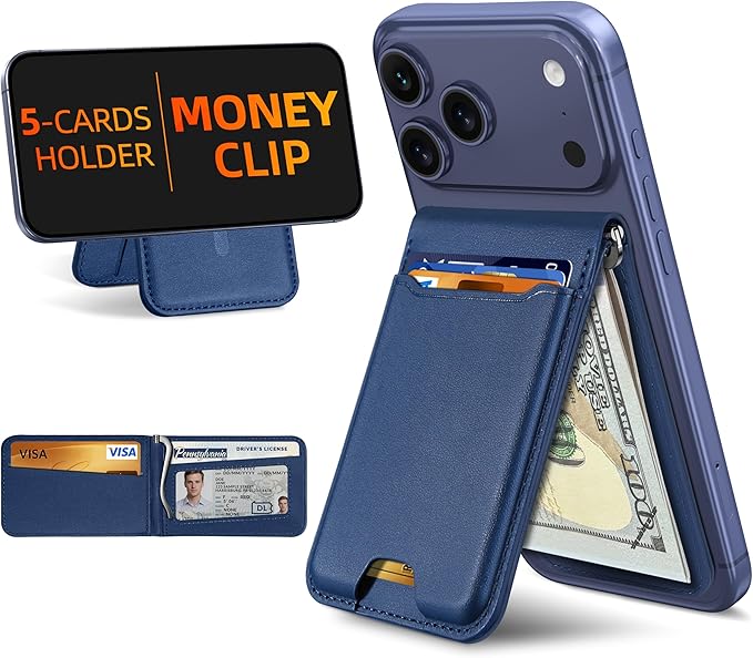 ExtreLife For Magsafe Wallet with Money Clip Strongest Magnetic Wallet for iPhone 17/16/15/14/13/12 Series Adjustable Stand ID Window 5 Card Holder RFID Blocking Not for 13/12 Mini Navy Blue