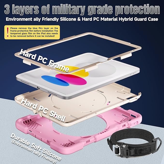 Case for iPad (A16) 11th /10th Generation 11/10.9 Inch 2025/2022 with Screen Protector/360° Rotate Stand/Shoulder Strap/Pencil Holder Shockproof iPad 11th/10th Gen Cover (Pink+White)