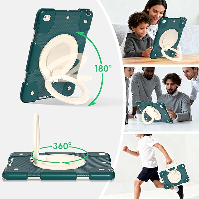 Case for iPad 9th/8th/7th Generation 10.2 inch Shockproof Cover with Screen Protector/360° Rotate Stand/Pencil Holder/Shoulder Strap Kids Case for iPad 2021/2020/2019 (Dark Green+White)