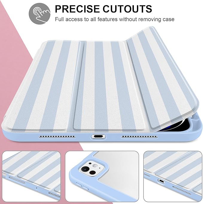 Case for iPad Pro 13 inch (M5) 2025 (M4) 2024 Release with Pencil Holder - Cute Preppy Coastal Design Aesthetic Blue White Striped Trifold Cover with Soft Bumper Clear Back Auto Sleep/Wake