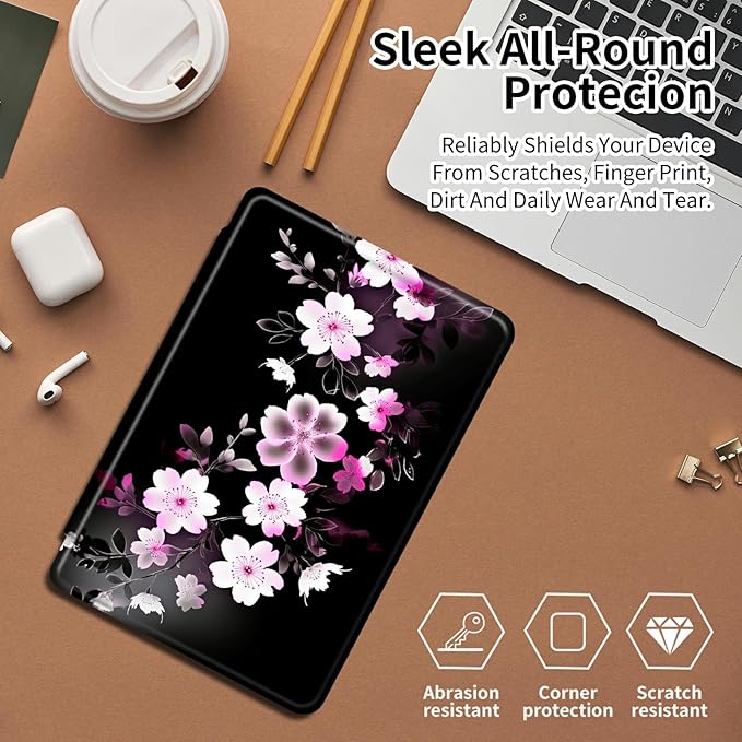 Case for Samsung Galaxy Tab S9 Plus/X810/X816B/X818U/S9 FE Plus 12.4inch Pink White Flowers Theme 360 Degree Rotating Stand Smart Protective Cover for Samsung S9 Plus Tablet