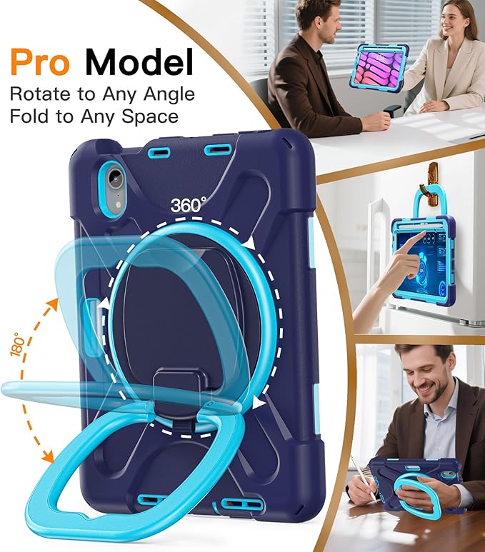 BATYUE Case for iPad mini 7 (A17 Pro) 2024/ iPad mini 6 (A15 Bionic) 2021 8.3 inch Shockproof Case for iPad mini 7th/6th Gen with Pencil Holder/ 360° Swivel Stand/Shoulder Strap - Navy Blue