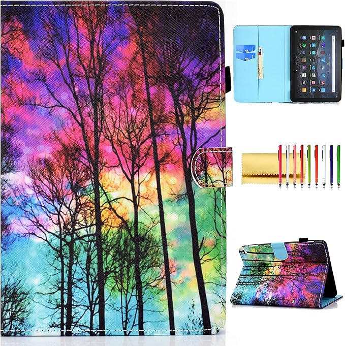 Smart Case for Amazon Fire HD 10 13th/11th Gen Fire HD 10 Plus(Pro) 2021/2023 Techcircle Slim Folio Stand Magnetic Flip Cover with Card Slots+Pen Holder Auto Sleep/Wake Colorful Forest