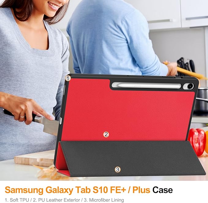 Case for Samsumg Galaxy Tab S10 FE+/S10 FE Plus 13.1 Inch 2025 (Model: SM-X620/SM-X626B) Trifold Stand Smart Cover with S Pen Holder [Auto Wake/Sleep] PU Leather Soft TPU Bumper Shell Red