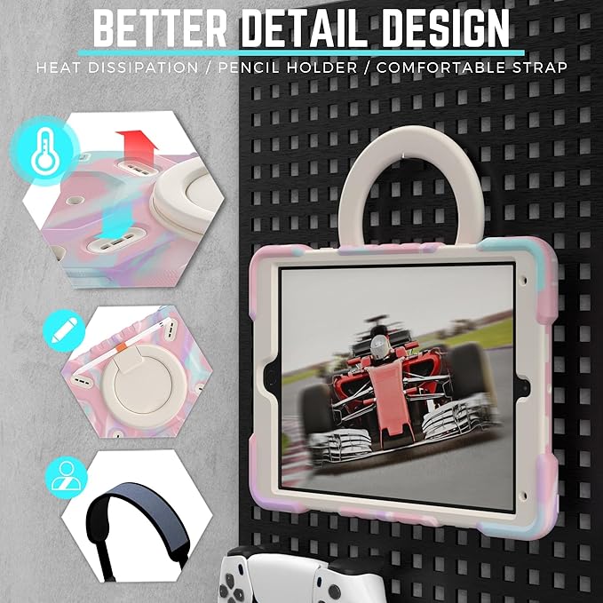 PEPKOO Triple Shockproof Case for iPad 9th/8th/7th Generation 10.2 inch 2021/2020/2019 Air 3rd Generation 10.5” Rugged Kid Cover with Pencil Holder/Handle Kickstand/Shoulder Strap Colorful Pink