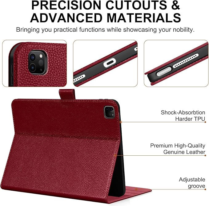 Genuine Leather Case for iPad Pro 12.9 inch 6th/5th/4th/3rd Generation 2022/2021/2020/2018 | with Pencil Holder and Adjustable Stand Magnetic Closure Auto Wake/Sleep Cover | Wine Red