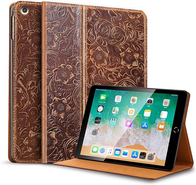 Gexmil Genuine Leather Case for iPad 10.2 Inch CaseCowhide Folio Cove for iPad 9/8/7 Generation(2021/2020/2019) Anti Fingerprint/Slipr Auto Sleep/Wake with Adjustable StandFlower Brown
