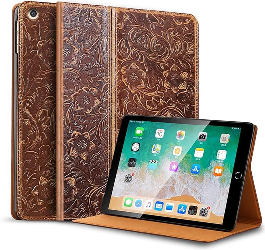 Gexmil Genuine Leather Case for iPad 10.2 Inch CaseCowhide Folio Cove for iPad 9/8/7 Generation(2021/2020/2019) Anti Fingerprint/Slipr Auto Sleep/Wake with Adjustable StandFlower Brown