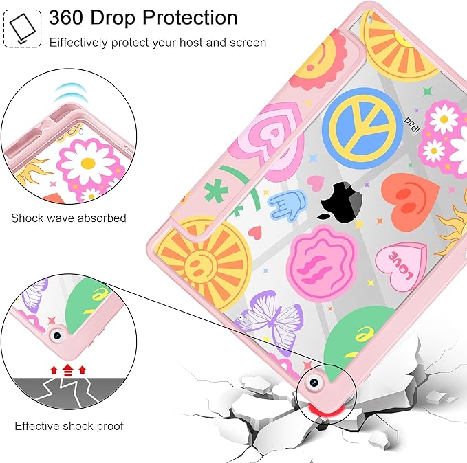 May Chen for iPad 9th Generation with Pencil Holder iPad 8th/7th Gen Case 10.2-inch [Penceil Holder] Trifold Stand Auto Wake/Sleep Clear TPU Protection Back Cover Smile Art
