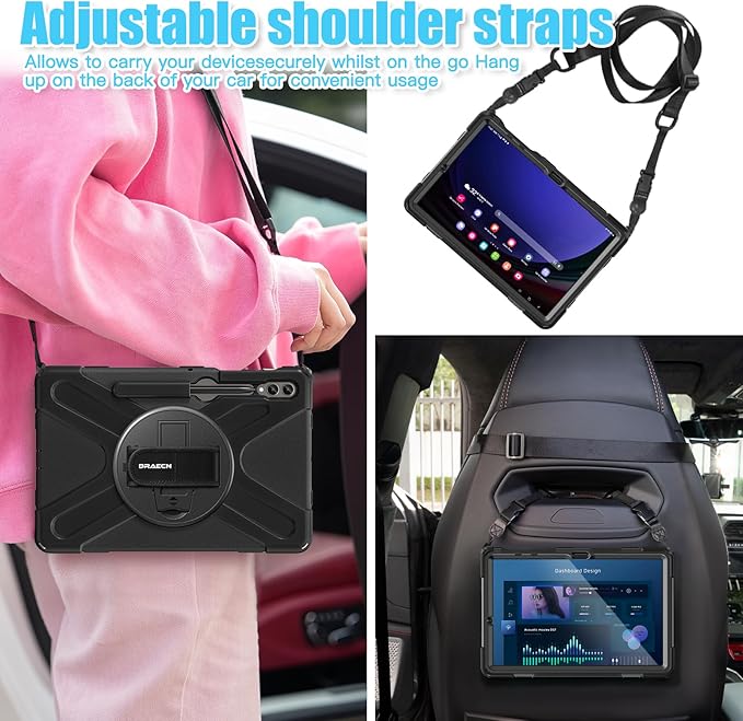 BRAECNstock for Samsung Galaxy Tab S10+ Plus/ S9 FE+ Plus/ S9+ Plus/ S8+ Plus/ S7 FE/ S7+ Plus 5G Tablet Case 12.4 inch Shockproof Protective Case with Pen Holder Rotating Stand &amp Hand Strap - Bla