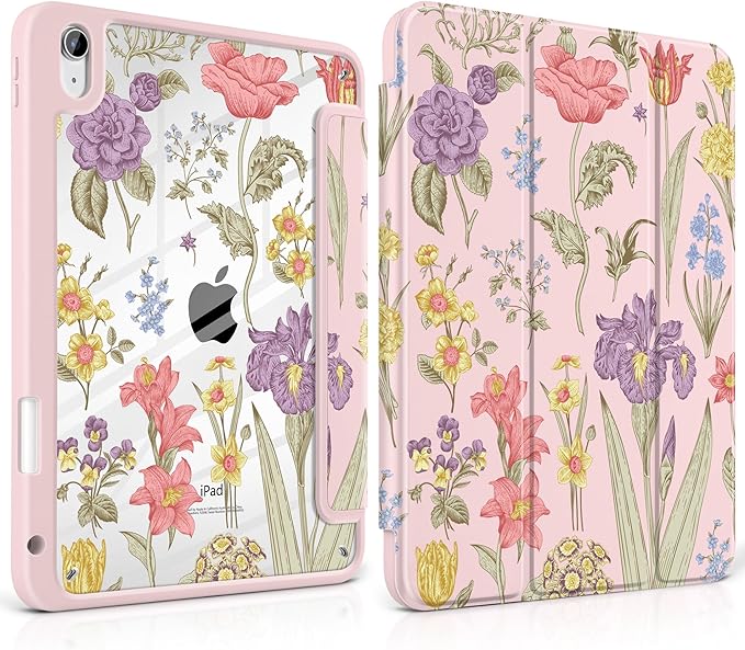 DONGKE Case for iPad (A16) 11th Generation 11 inch 2025 &amp iPad 10th Gen 10.9 inch 2022 [Built-in Pencil Holder] Clear Acrylic Back Trifold Stand Smart Cover Auto Sleep/Wake Pink Botanical Flora