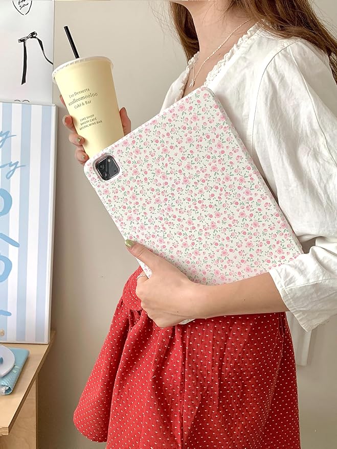Detachable Magnetic 360 Rotating Adjustable Kickstand Hard PU Folio Case for Apple White Pink Rose Flower Floral Pretty Chic Cute Lovely Girls (for iPad Pro 13-inch 7th Generation 2024)