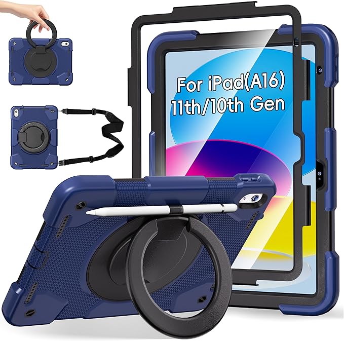 Case for iPad (A16) 11th /10th Generation 11/10.9 Inch 2025/2022 with Screen Protector/360° Rotate Stand/Shoulder Strap/Pencil Holder Shockproof iPad 11th/10th Gen Cover (Navy+Black)