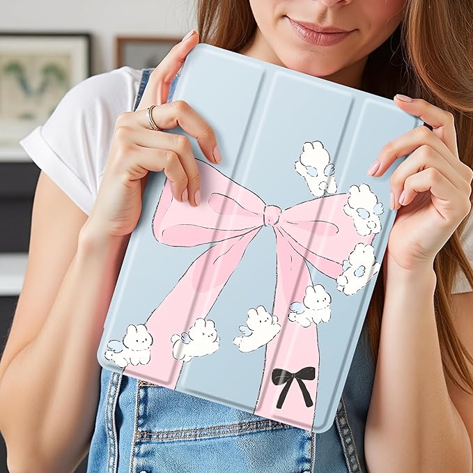 Idocolors Case for iPad 11 inch (A16 Chip) 2025 Generation 11th / iPad 10.9 inch 2022 10th Gen Built-in Pencil Holder with Soft TPU Shockproof Back Shell Auto Wake/Sleep Bunny Bow-Blue
