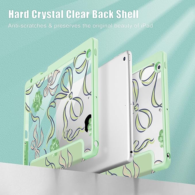 Case for iPad 9th/ 8th/ 7th Generation 10.2-Inch Case(2021/2020/2019 Release) [Built in Pencil Holder] Trifold Stand Auto Wake/Sleep Clear TPU Protection Back Cover Clover Bows