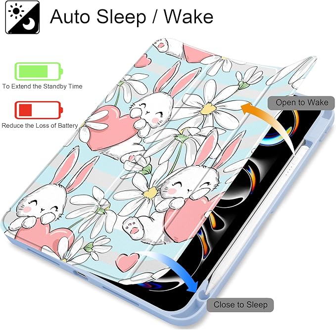 May Chen Case for iPad Pro 11-Inch M5/M4 2025/2024 (6th/5th Generation) [Penceil Holder] Trifold Stand Auto Wake/Sleep Clear TPU Protection Back Cover Heart Rabbits