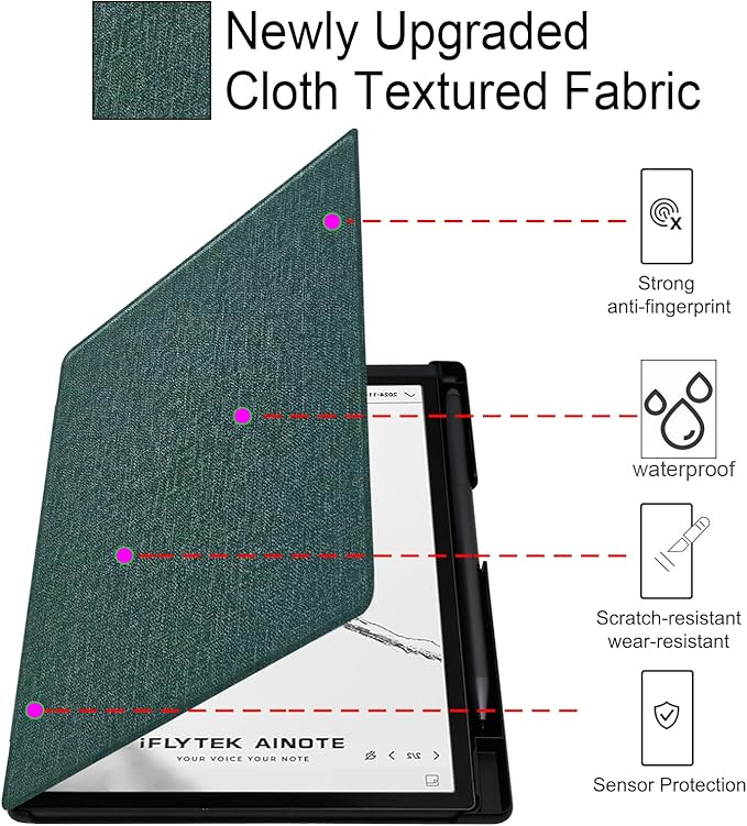 Slimshell Case for 8.2'' iFLYTEK AINOTE Air 2 Smart Auto Sleep/Wake Ultra-Thin Lightweight Leather Folio Cover with Built-in Pen Holder &amp Magnetic Closure (Cloth Sage Green)