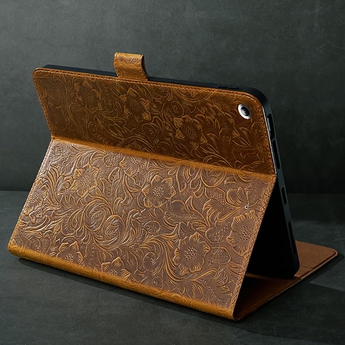 Gexmil Case for iPad 10.2 Inch9th/8th/7th Generation(2021/2020/2019) Genuine Leather Cover Auto Sleep/WakeCowhide Folio Cover with Adjustable Stand with BuckleAnti SlipFlower Brown