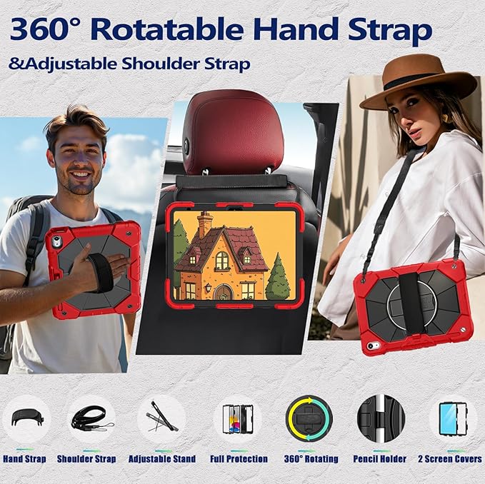Weuiean Case for iPad A16 11th/10th Generation 11/10.9 Military-Grade Heavy-Duty Shockproof Cover with 360° Rotating Stand Built-in Pencil Holder &amp Adjustable Hand/Shoulder Strap - Red+Black