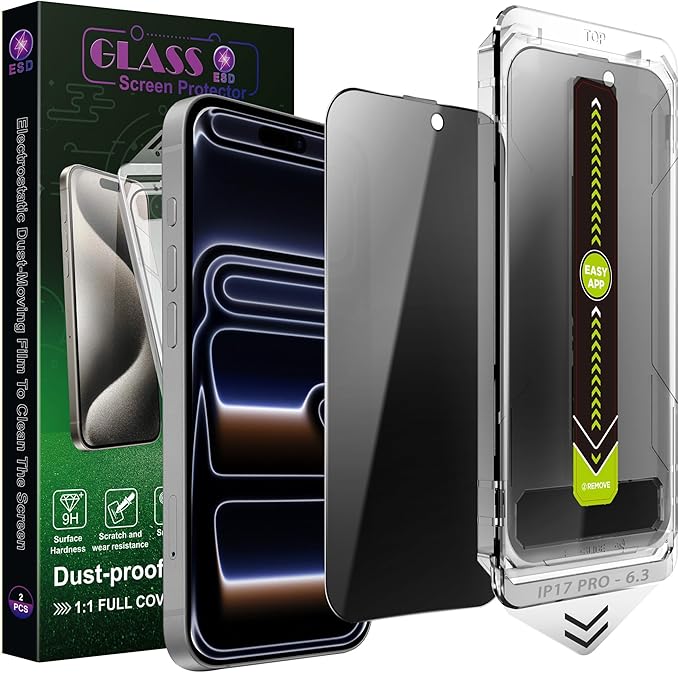 2 Pack Anti-Spy Privacy Screen Protector for iPhone 17 Pro (6.3-Inch)9H Tempered GlassFull CoverageAnti-FingerprintAuto Dust RemovalBubble-FreeEasy Installation