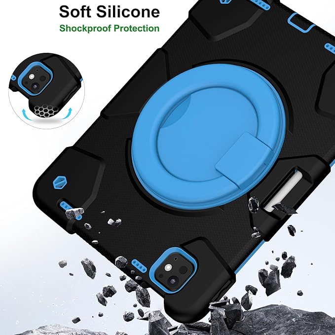 Case for iPad Pro 11 Inch M4 2024/M5 2025 Case Heavy Duty Shockproof Cover with Screen Protector/360° Rotate Stand/Shoulder Strap/Pencil Holde (Black+Blue iPad Pro M4/M5 11 inch)
