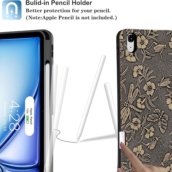 Gexmil Genuine Leather Case for iPad Pro 11 Inch (M5/M4) 2025/2024 with Pencil HolderProtective Shockproof Leather Smart Folio Cover Adjustable Stand Auto Sleep/Wake Anti-Slip Butterfly Grey