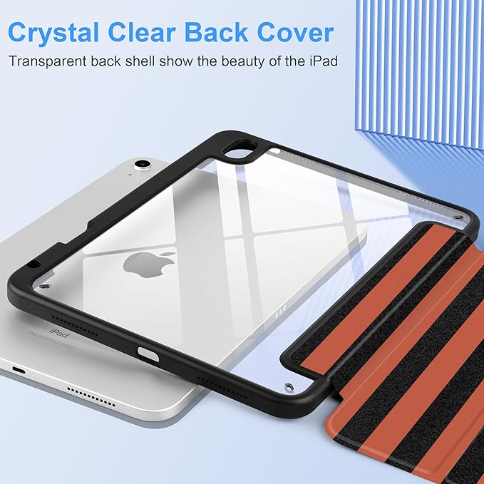 DONGKE Case for iPad (A16) 11th Generation 11 inch 2025 &amp iPad 10th Gen 10.9 inch 2022 [Built-in Pencil Holder] Clear Acrylic Back Trifold Stand Smart Cover Auto Sleep/Wake Orange Stripes