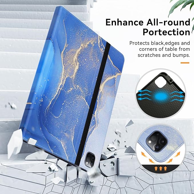 Case for New iPad Pro 12.9 inch 6th/5th/4th/3rd Generation 2022/2021/2020/2018 12.9'' ipad Pro Leather Protective Cover 6/5/4/3 Gen with Pencil Holder Auto Wake/Sleep Marble Gary Blue