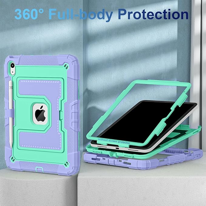 WESOROL Case for iPad A16 11th/10th Generation 2025/2022 with Pencil Holder Shoulder Strap iPad Case 10th Generation Shockproof Cover for iPad 11th/10th Gen CasesPurple Green