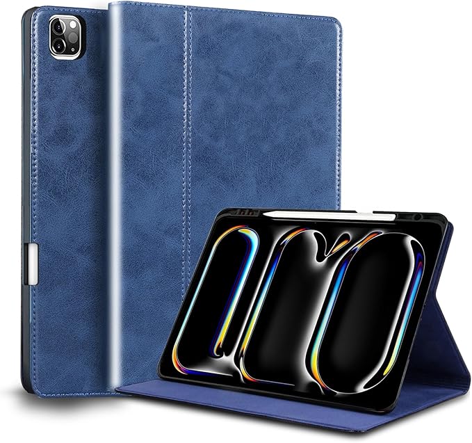 for Ipad Pro 11-inch Case M4/M5 2024/2025(Model:A3357/A3358A2836/A2837) Genuine Leather Cover Protective ShellBuilt-in Pencil Holder and Auto Wake/Sleep.Blue